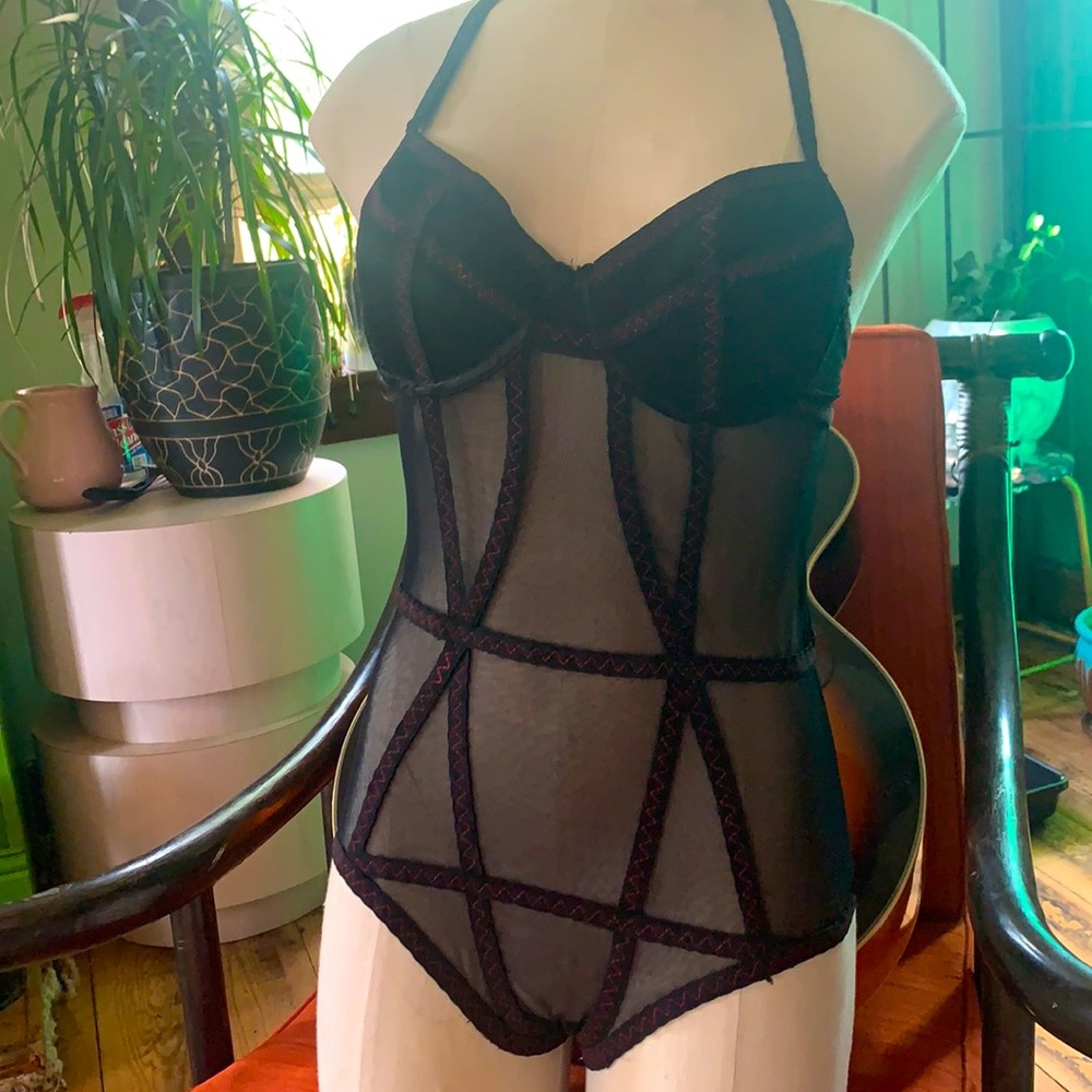 Black Mesh and Red Stitching Bodysuit